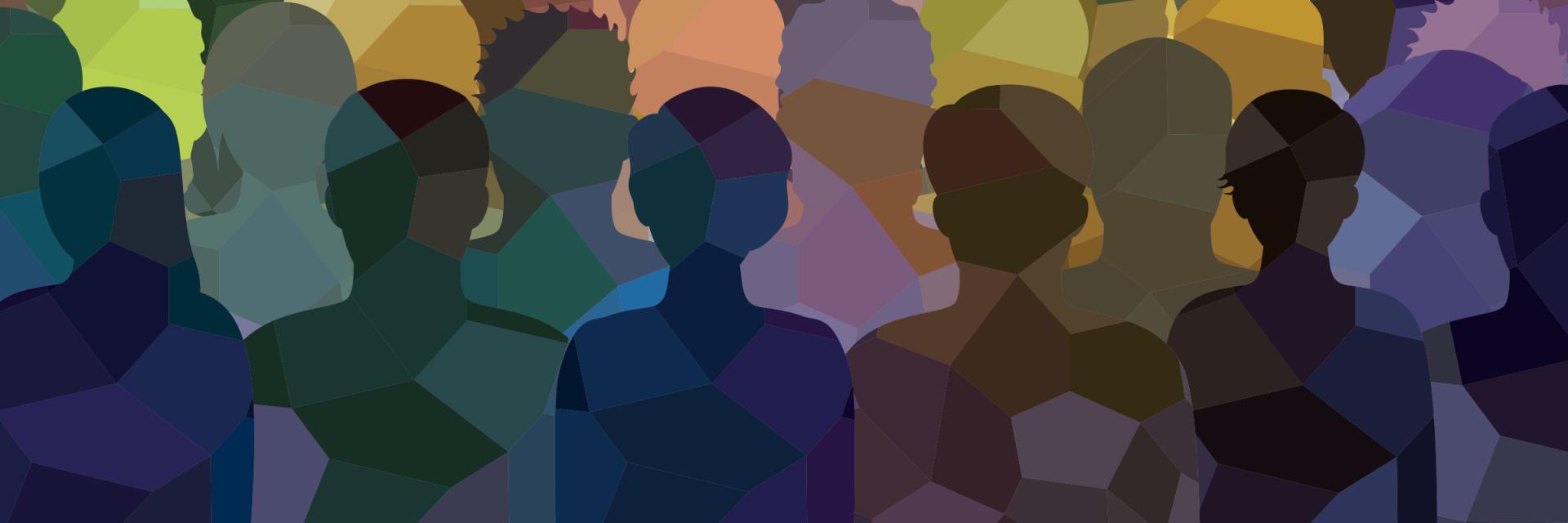 A colorful pattern of silhouettes of all different types of people.