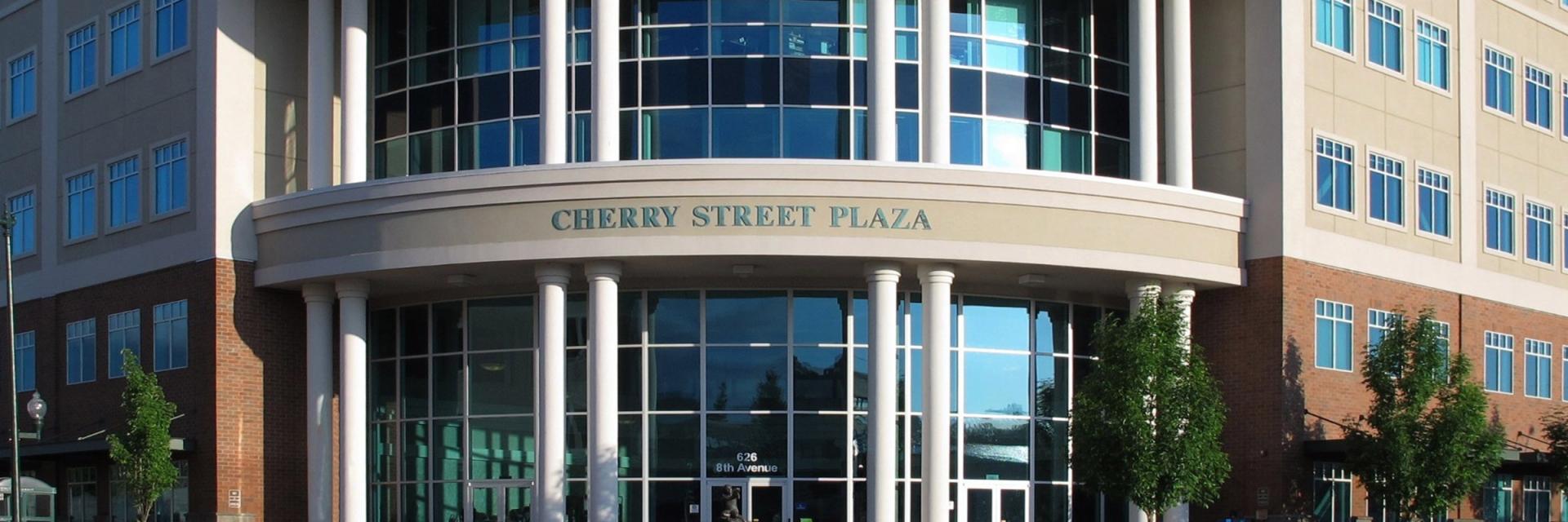 The front entrance to the Health Care Authority at Cherry Street Plaza.