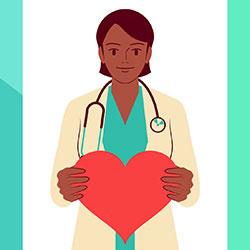 Illustration of a black, female doctor holding a heart in her hands.